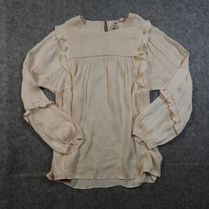 Dolan Top Womens Medium Ruffle Tunic Smocked Satin Pink Ivory Blouse Feminine